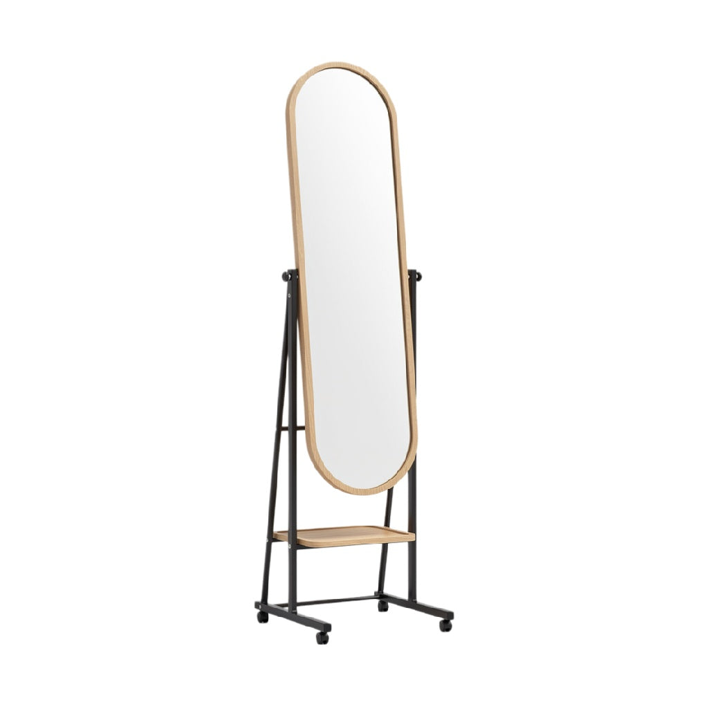 Freestanding Full-Length Mirror with Wooden Frame and Bottom Shelf